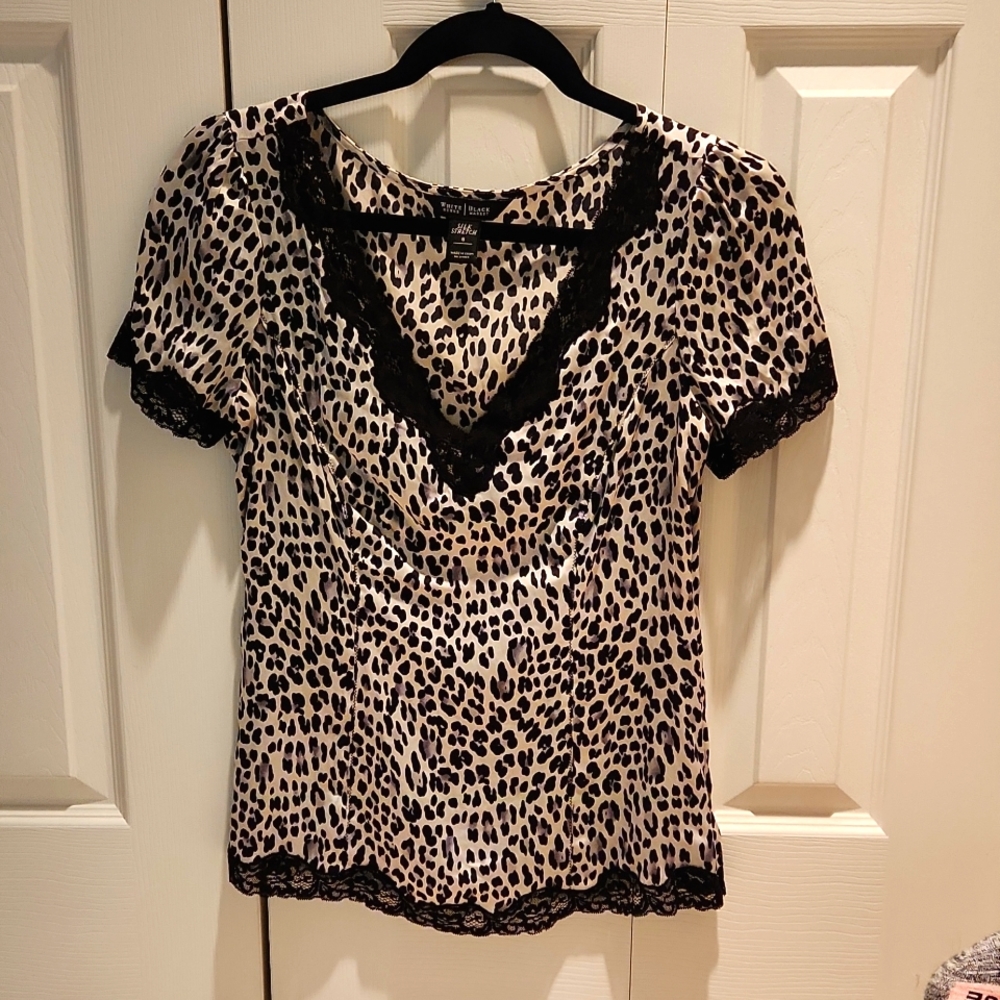 White House Black Market, short sleeve blouse, size 6, leopard print
